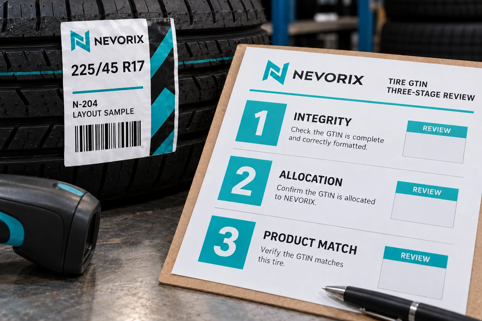 NEVORIX three-gate review separates integrity, allocation and product matching; no sample GTIN is assigned.