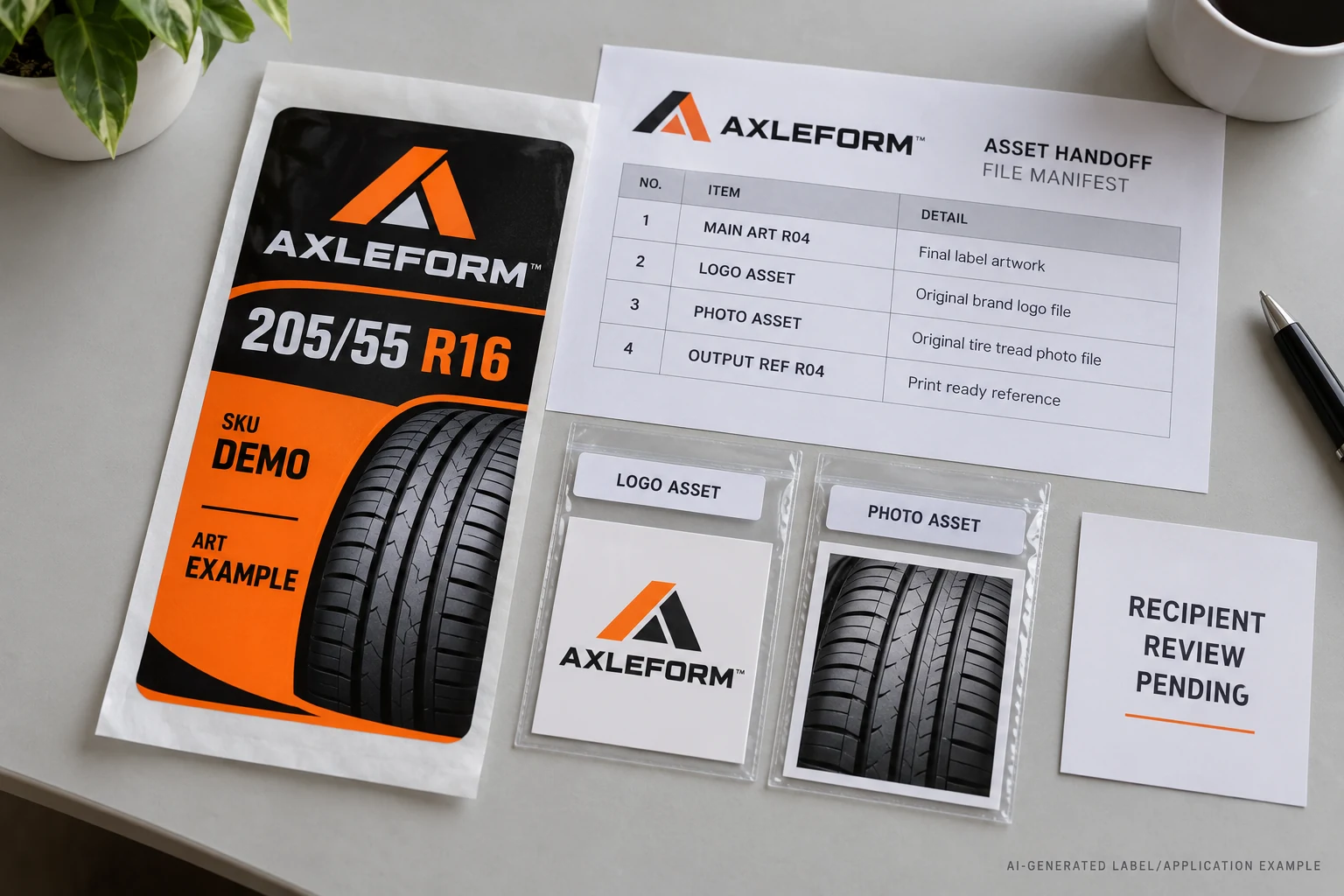 A populated AXLEFORM sample label beside a four-row handoff manifest and separate logo and photograph asset sleeves.