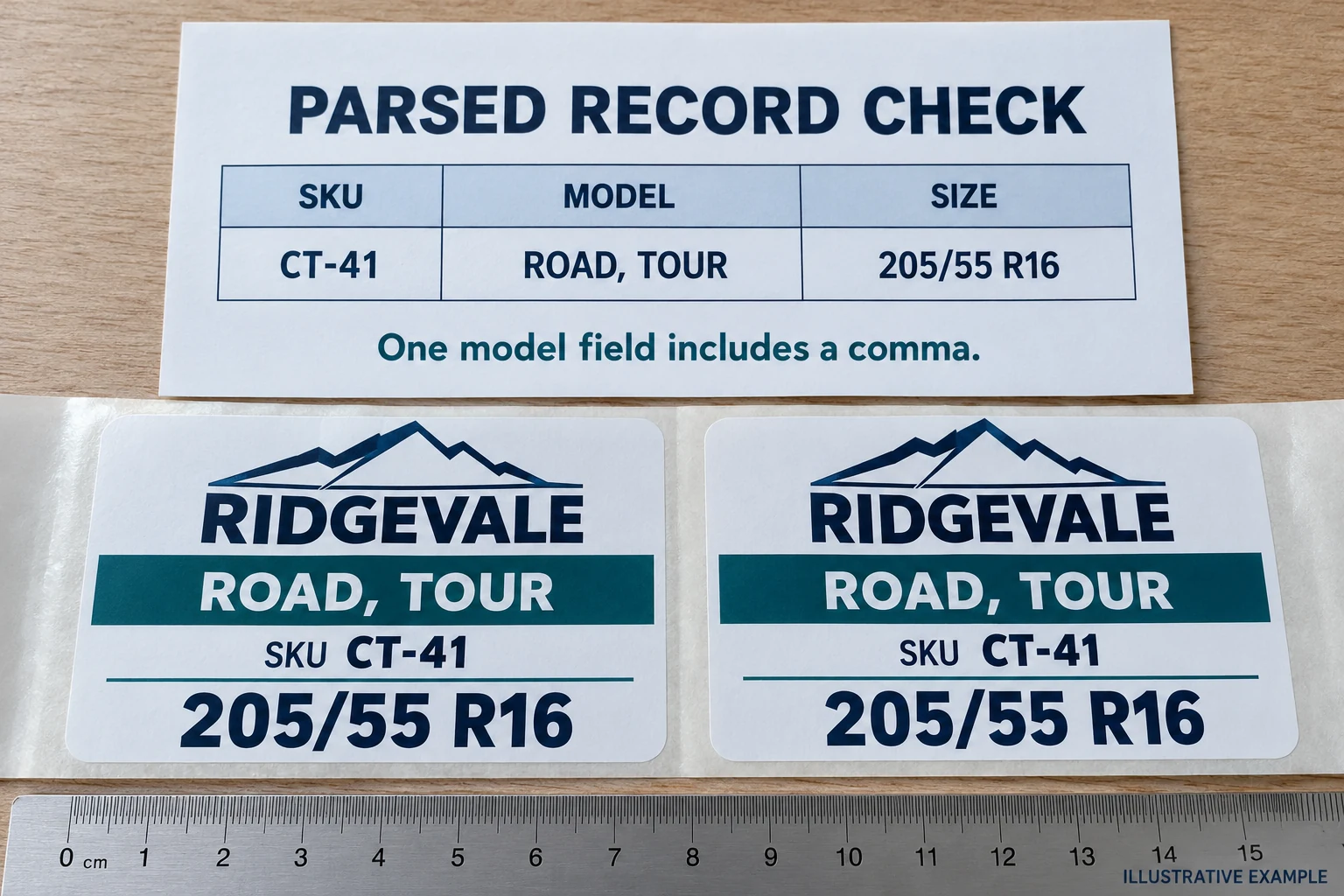 Illustrative parsed-record card keeps ROAD, TOUR in one MODEL cell above two matching RIDGEVALE tire labels.