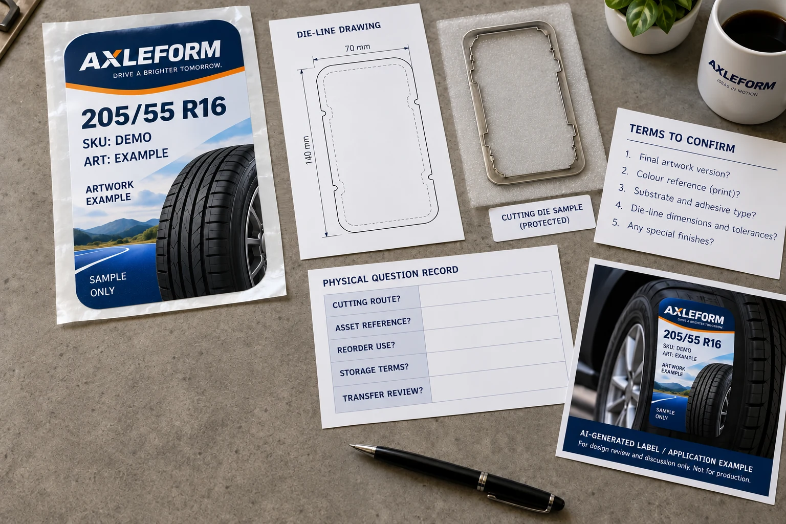 A populated AXLEFORM label and example tool beside a question record covering cutting route, asset reference, reorder use, storage and transfer review.