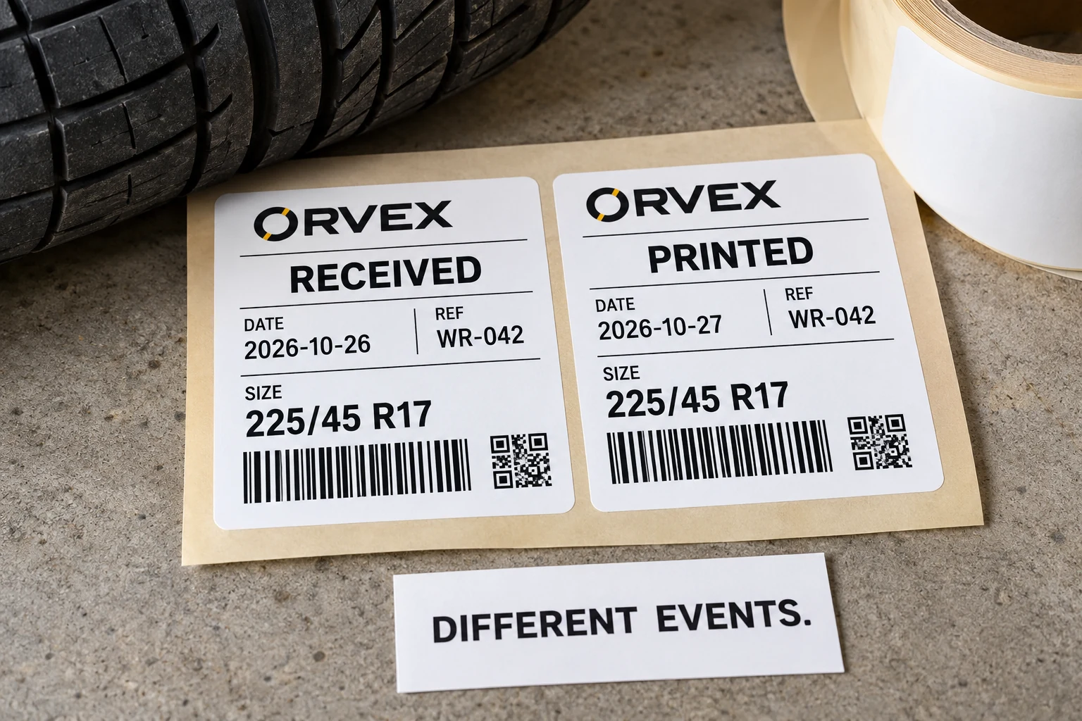 Two fictional ORVEX label examples distinguish RECEIVED 2026-10-26 from PRINTED 2026-10-27 for the same reference
