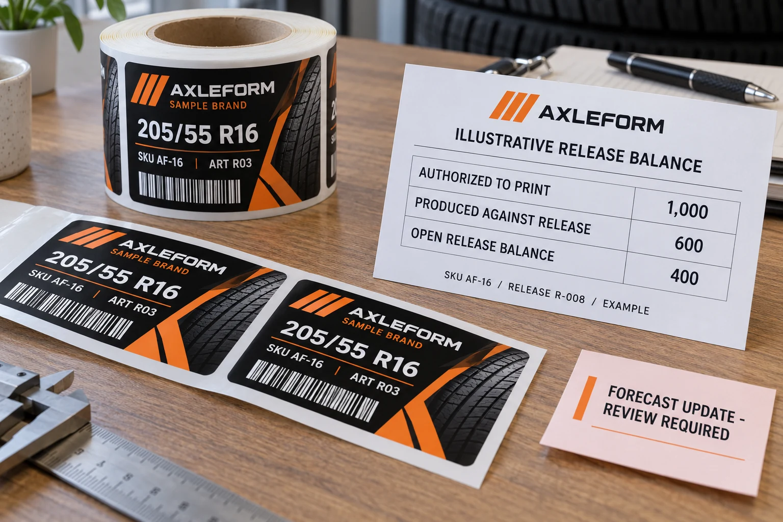 AXLEFORM example release-balance card showing 1,000 authorized, 600 produced and 400 remaining, beside populated label samples.