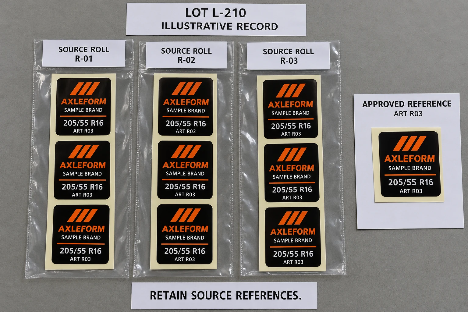 AXLEFORM example received sample strips retain source-roll references while an approved artwork reference is kept on a separate card.