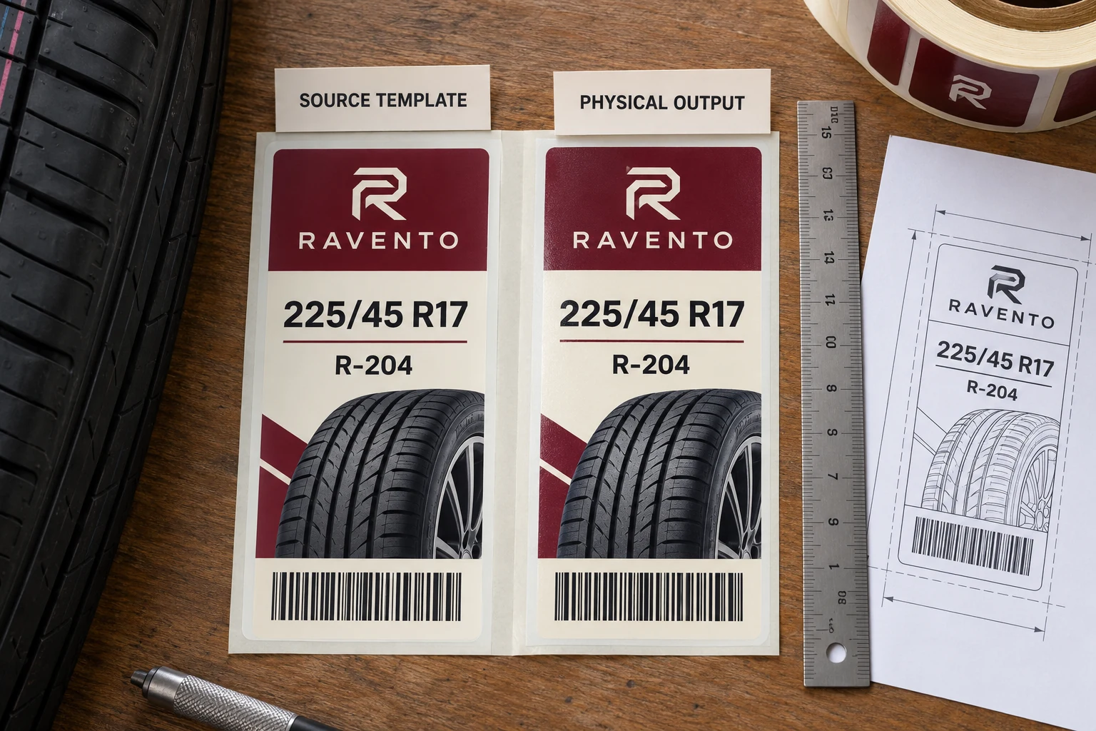 RAVENTO source-template and physical-output samples are compared beside a dimensional reference.
