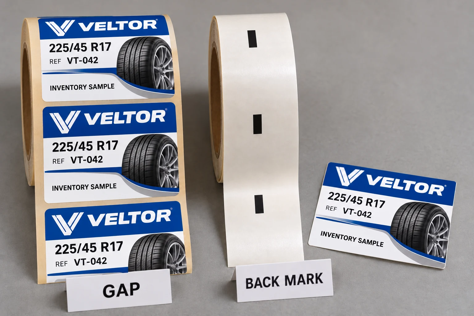 Two VELTOR media samples showing a face-side label gap and a separate backing registration-mark concept