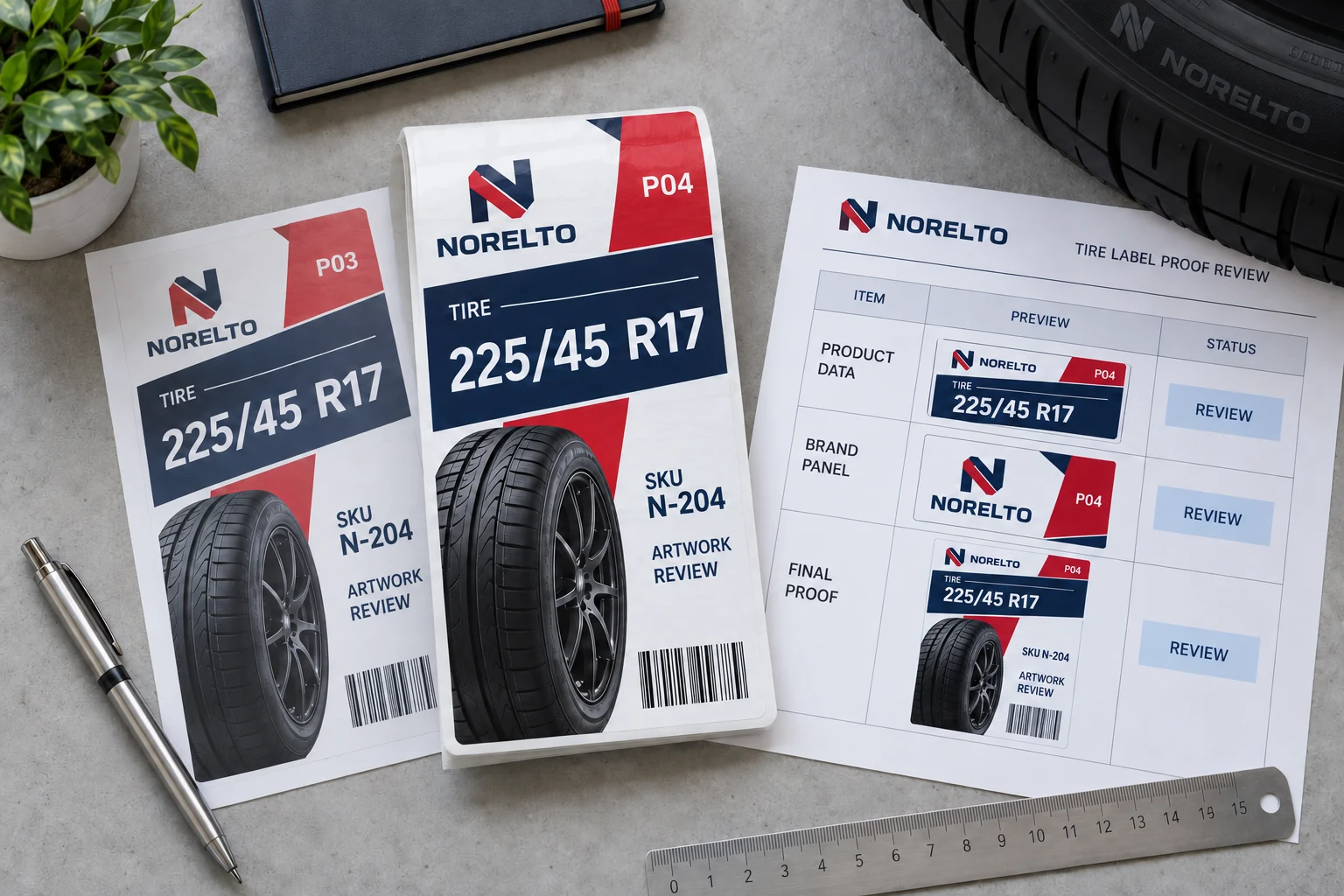 NORELTO P03 and P04 tire proofs sit beside a product-data, brand-panel and final-proof review record.