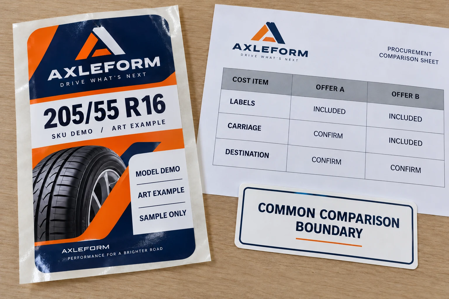 An AXLEFORM label sample beside a no-price worksheet marking quotation items included or requiring confirmation.