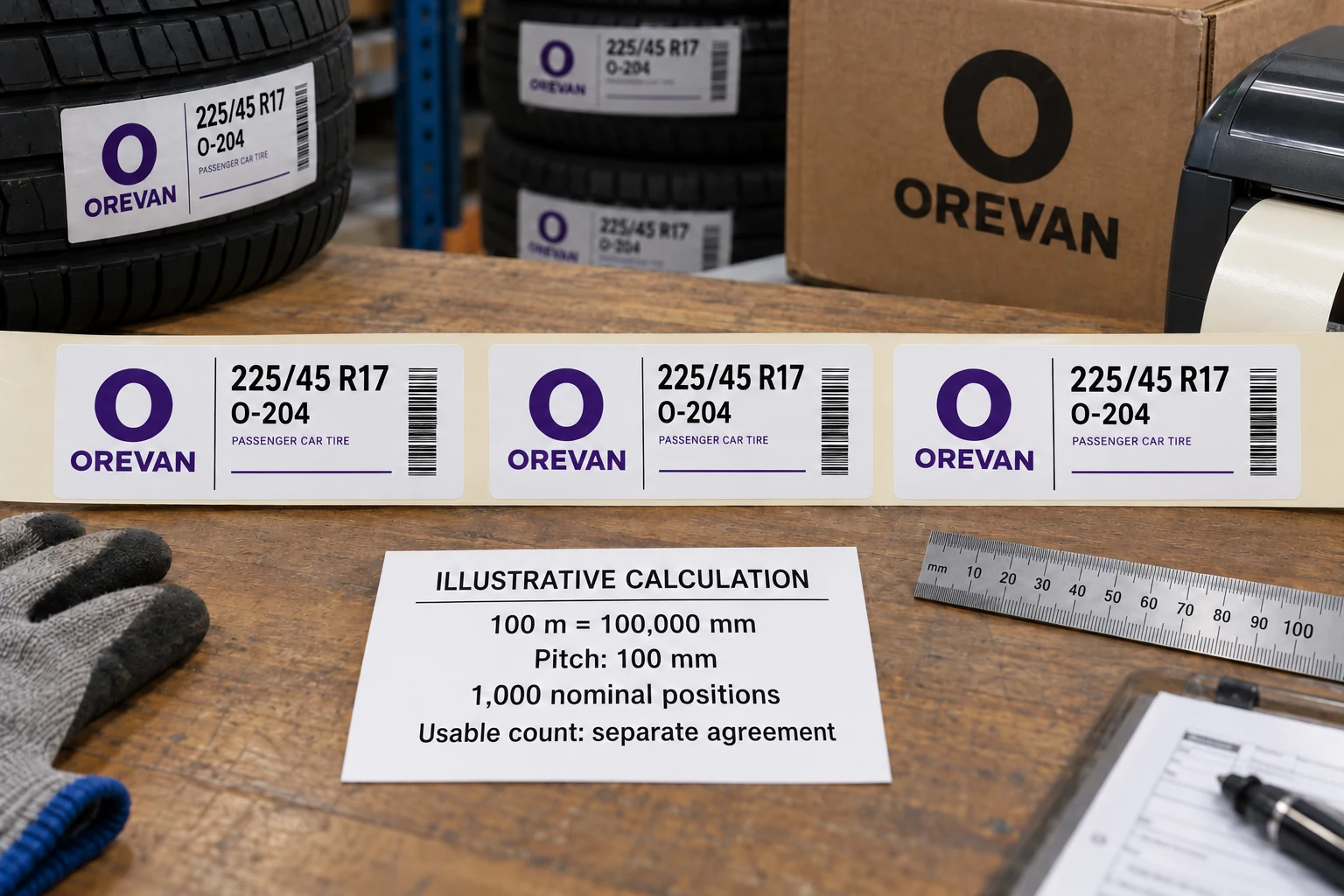 OREVAN label strip accompanies a clearly hypothetical 100-meter and 100-millimeter pitch calculation.