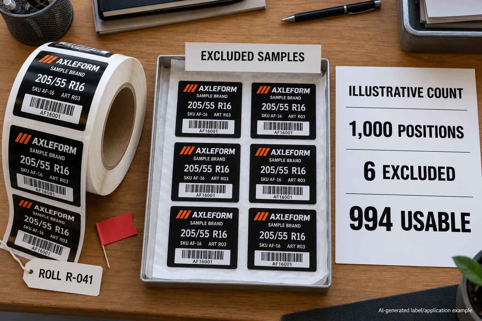 Illustrative AXLEFORM roll-count review with six excluded sample labels and a card showing 1,000 positions minus six excluded equals 994 usable.