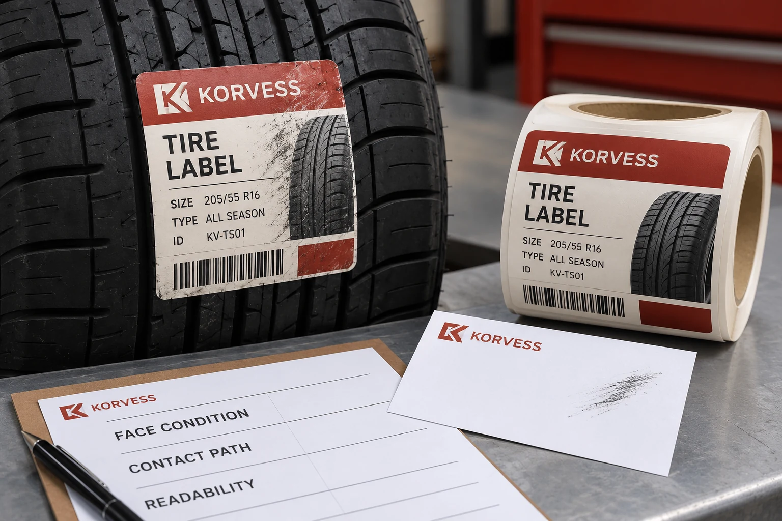 KORVESS used-look and unused print samples are reviewed with a contact card and face-condition record.