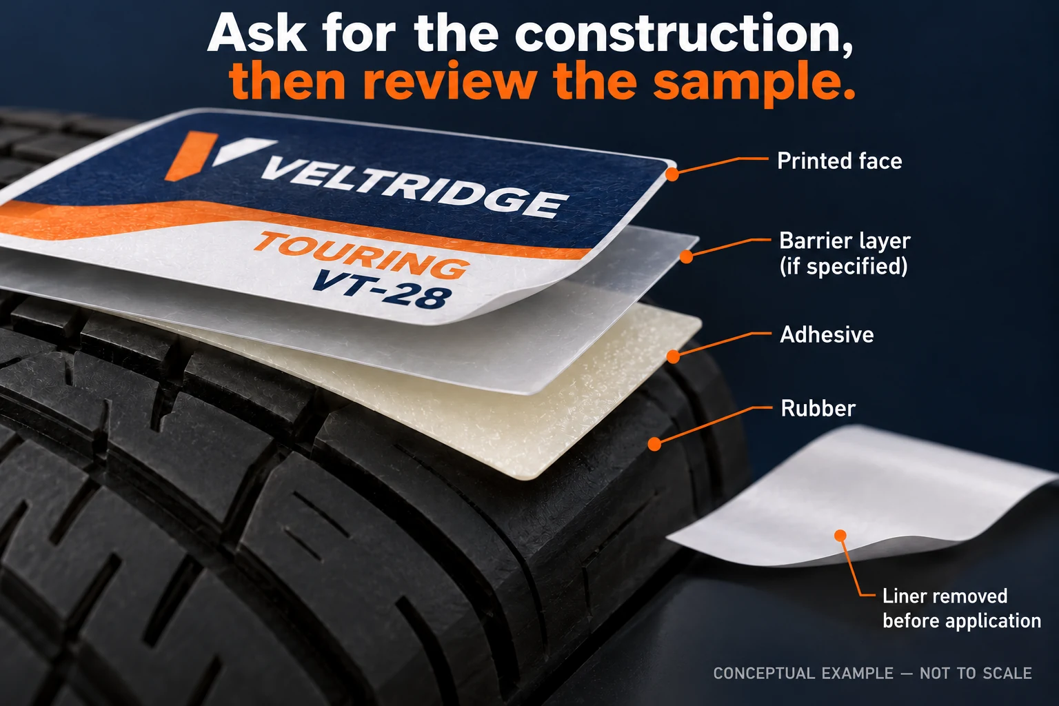 Conceptual tire-label section showing printed face, a barrier layer if specified, adhesive and rubber, with the release liner separate.