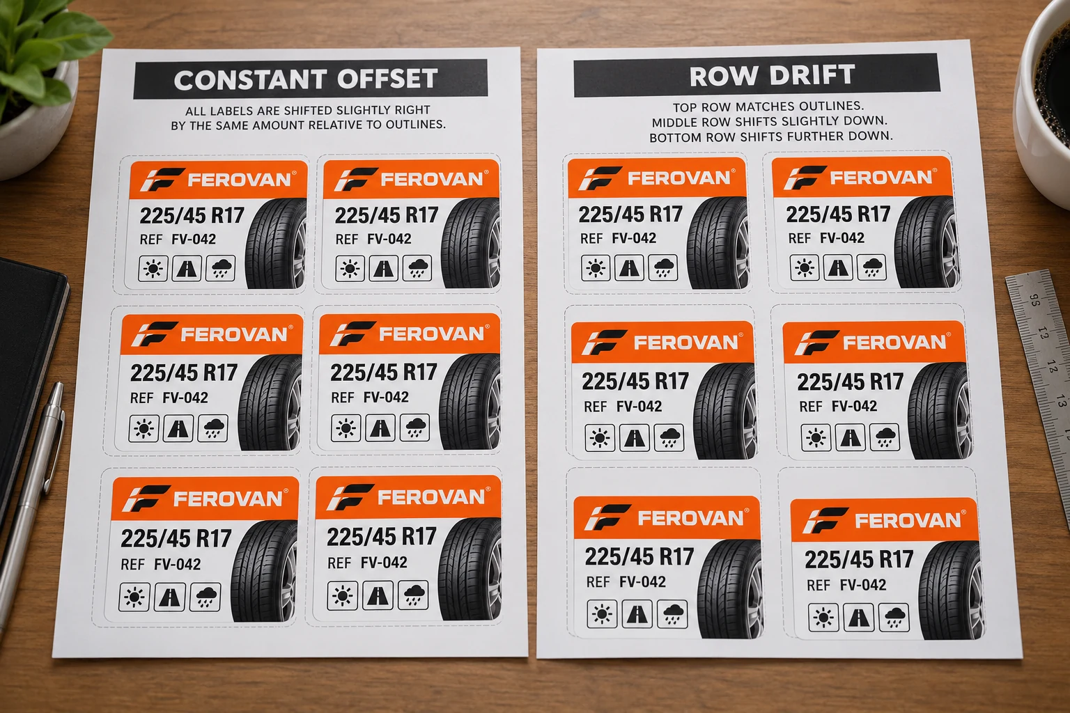 FEROVAN full-sheet comparison with a consistent offset on one specimen and increasing row displacement on the other