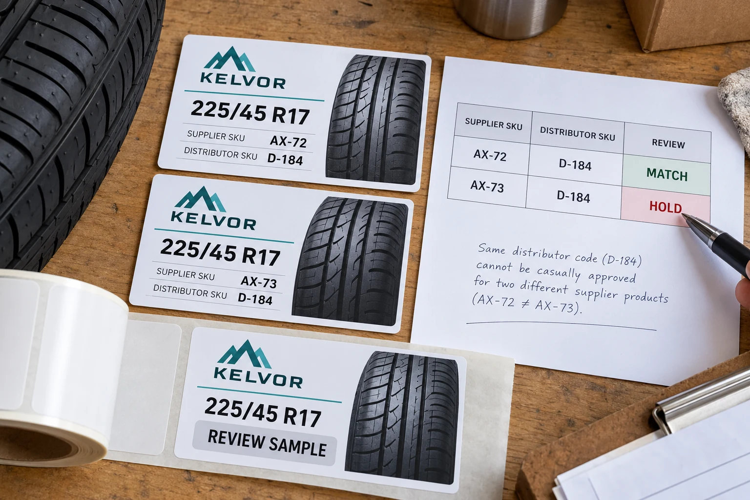 KELVOR supplier-to-distributor SKU table isolates a conflicting alias for review.