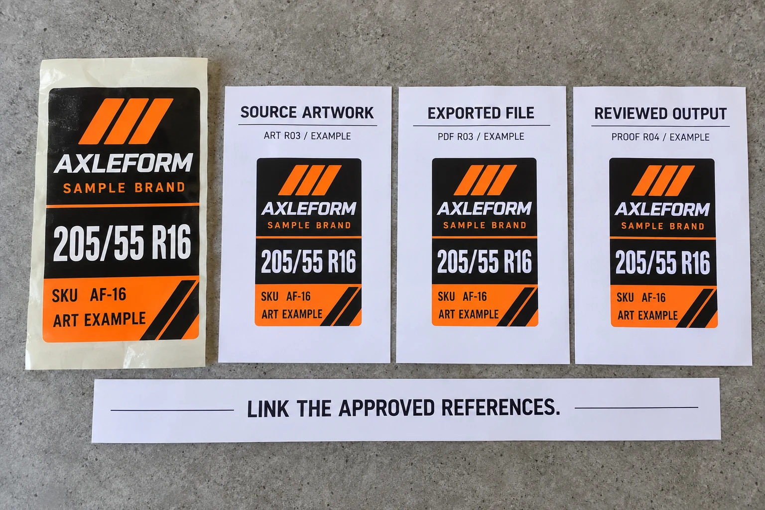 An AXLEFORM sample label sits beside source, export and reviewed-output reference cards to illustrate file provenance and correction approval.