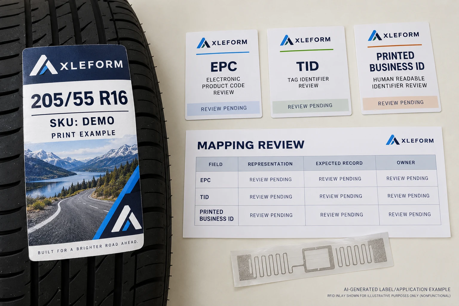 Separate EPC, TID and printed-business-ID review cards connect to a fictional mapping record beside a populated AXLEFORM label.