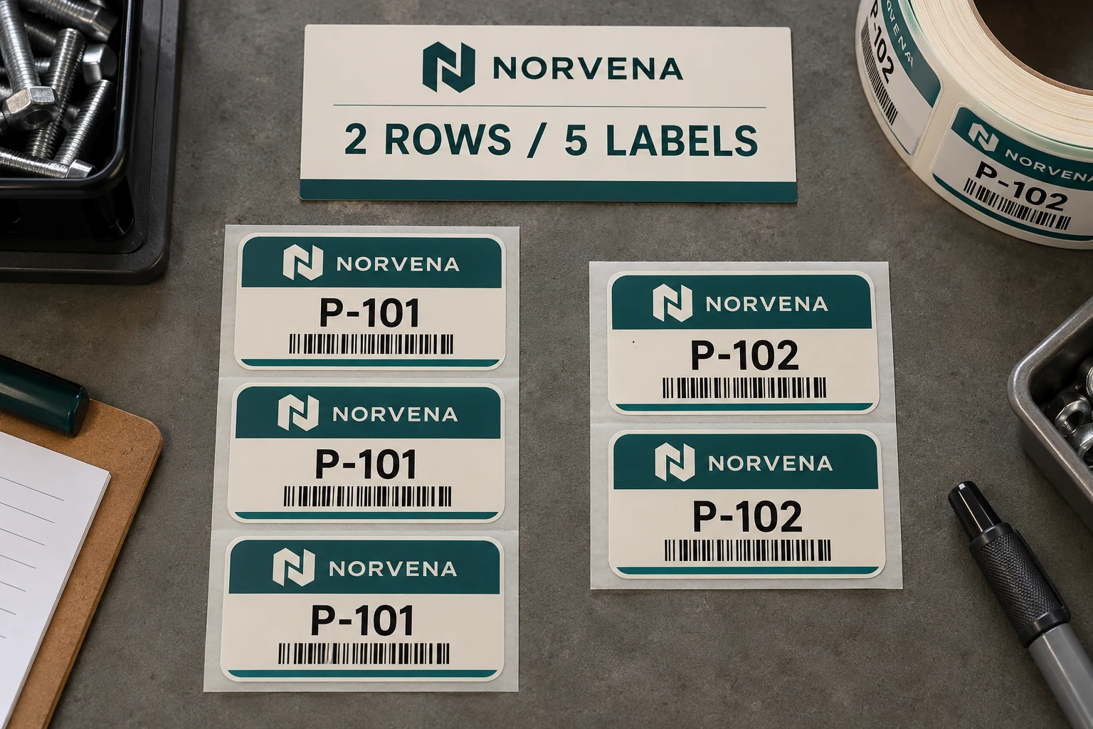 NORVENA example expands two product rows into three P-101 and two P-102 physical labels.