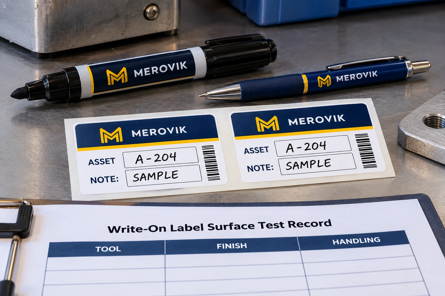 MEROVIK finished write-on samples sit beside the intended pen and marker and an uncompleted review record.
